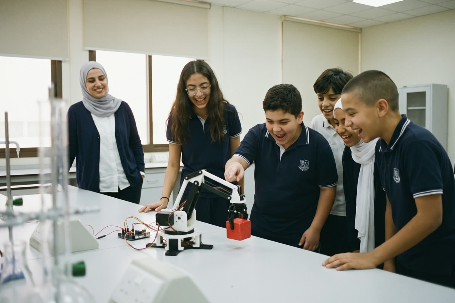 Students in a school lab grinning as the robot arm they built lifts a small red cube, their woman instructor watching from behind them