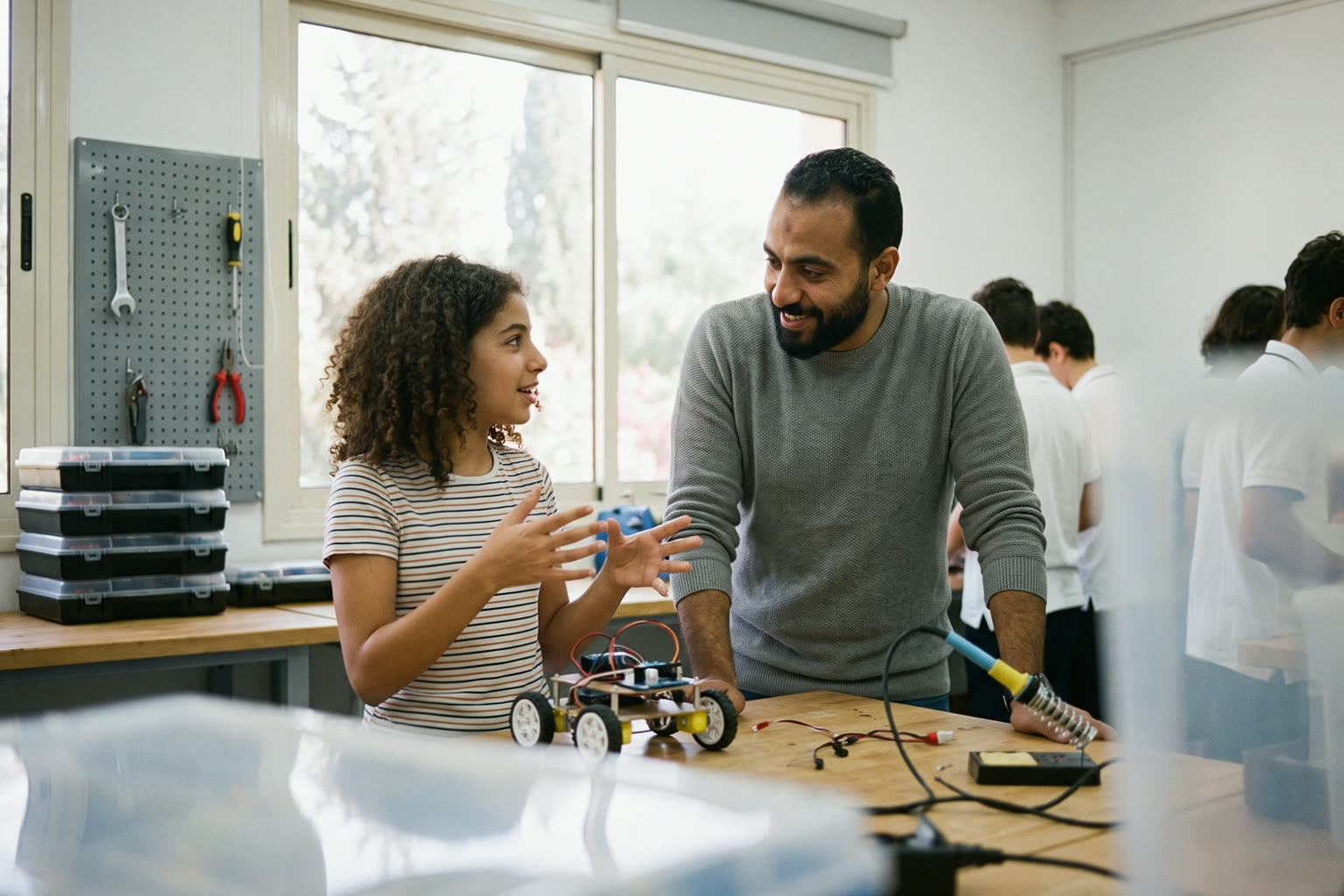 A girl explaining her robot to her instructor at a workbench